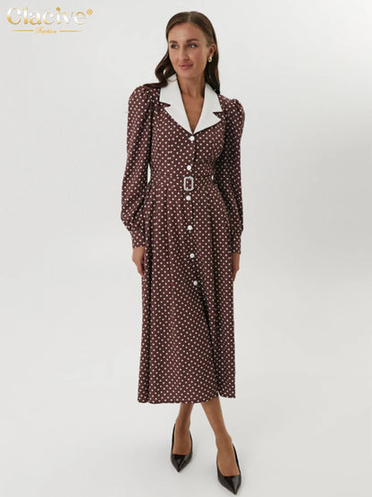 Clacive Mode Lose Druck Frauen Kleid 2025, Casual Revers Langarm Büro Dame Midi Kleider Elegante Klassische Gürtel Weibliche Kleid.