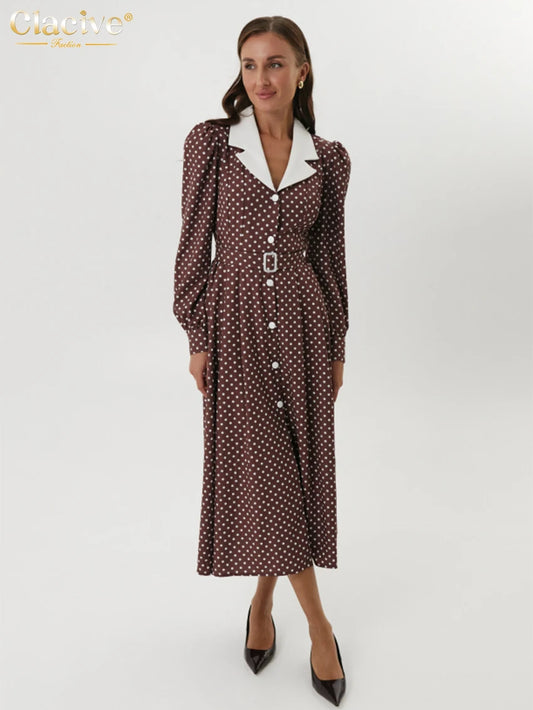 Clacive Mode Lose Druck Frauen Kleid 2025, Casual Revers Langarm Büro Dame Midi Kleider Elegante Klassische Gürtel Weibliche Kleid.