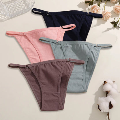 FINETOO 4Pcs Women's Cotton Panties Sexy Metal Ring Waist Underwear Solid Breathable Panties Ladies Soft Briefs Comfort Lingerie.