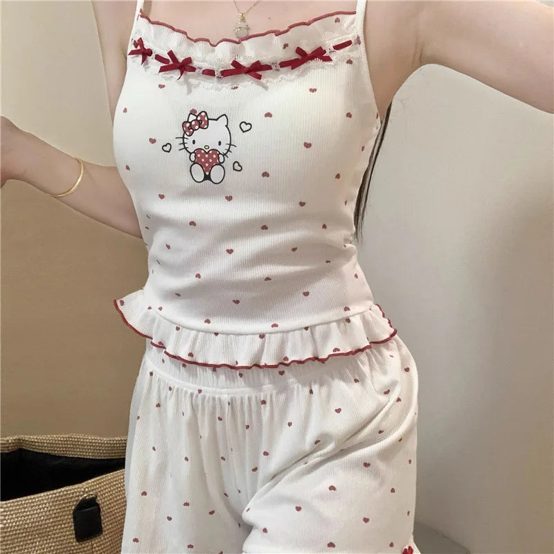 Hello Kitty Pyjama-Set für Damen, niedliche Nachtwäsche, Cartoon, ärmellos, Tank-Top, Shorts, Zuhause, Sommer, gemütliche Loungewear, Geschenk für Mädchen, Sanrio.