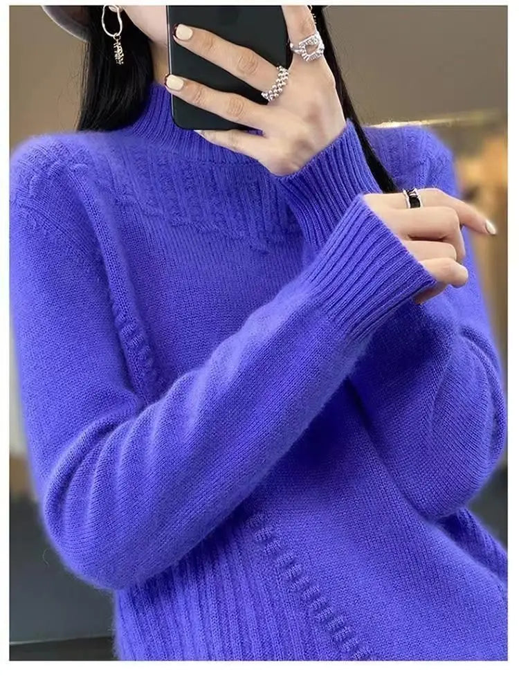 2024 herbst Neue Lose frauen Halb-rollkragen Verdickt Einfarbig Einfache Häkeln Beiläufige Gestrickte Pullover Pullover Top
