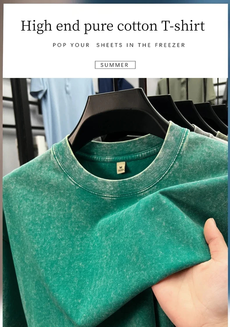 Personality washed vintage short sleeve T-shirt high-end 100% pure cotton men fashion round neck comfort lightweight casual top.