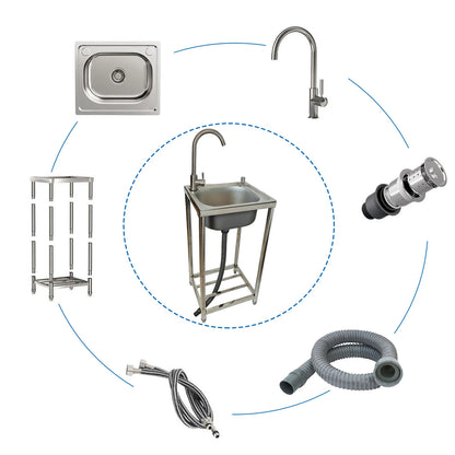 Freistehendes Edelstahl-Waschbecken, Außenspüle, Einzelschüssel, tragbares Outdoor-Camping-Waschbecken mit Abfluss und Warm- und Kaltwasserhahn