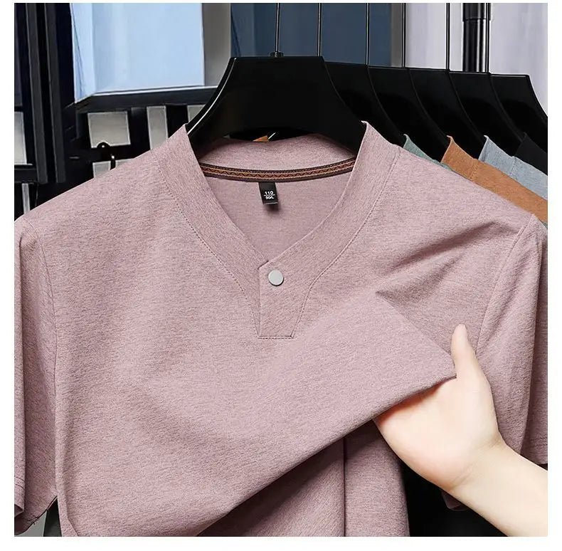 Men's T-shirt Classic V-Neck Short Sleeved Cotton Solid Button Super Soft High Quality L-4XL Casual Tshirt Design Men Tee Shirts.