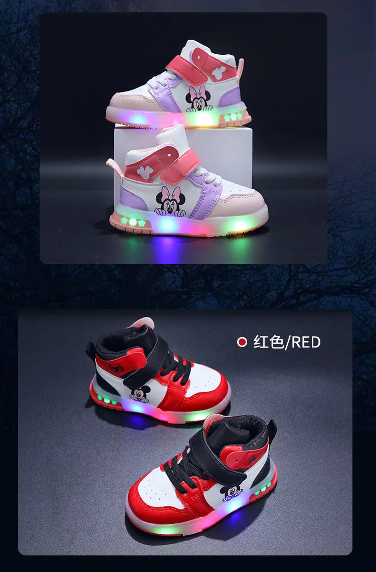 Disney Children's Sneaker Cute Minnie Mickey Cartoon Led Lighted Shoes for Kids Boys Girls Luminous Shoes Toddler Flash Lights.