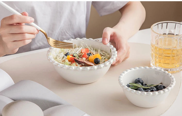 Ceramic Tableware Set Nordic Creative Pearls Beaded Edge Western Food Snack Plate Rice Bowl Soup Bowl Steak Plate Set Kitchen