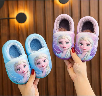 Disney Princess Elsa Winter Children's Heel Cotton Slippers Girls' Warm Frozen Kids' Cotton Black Purple Flats Shoes Size 24-40.