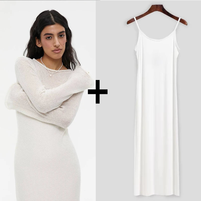 Hirsionsan Frühling Herbst Oansatz Elastische Stricken Lange Kleider Frauen 2024 Elegante Chic Weiche Dame Aushöhlung Pullover Kleider Femme Neue