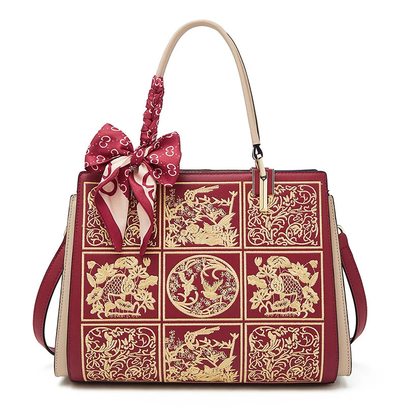 FOXER Split Leather 2025 Autumn Winter New Large Tote Handbag Women's Shoulder Bag Chinese Classic Embroidery Best Gift for Mom