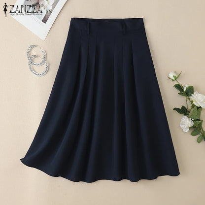 ZANZEA Summer Solid Midi Skirt Elegant Women High Waist Work OL Skirts Fashion A-line Jupes Stylish Party Faldas Saia  Plus Size.
