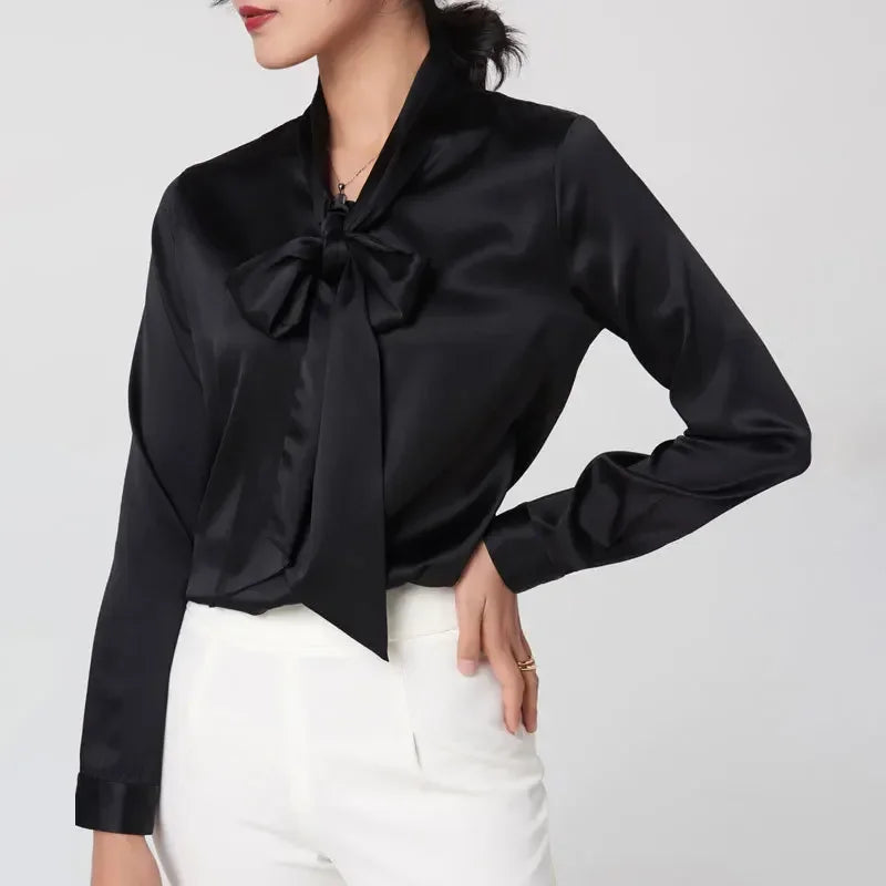Heavyweight Mulberry Silk Shirt Women's 2025 Spring And Autumn New Long Sleeve Satin Silk Blouse V-neck Bow Ribbon Shirt