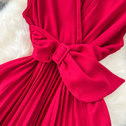 Französisch Vintage elegante Plissee Vneck Kleid A-Linie Mode Chiffon Frühling Herbst ärmellose Vestidos Frauen kleider