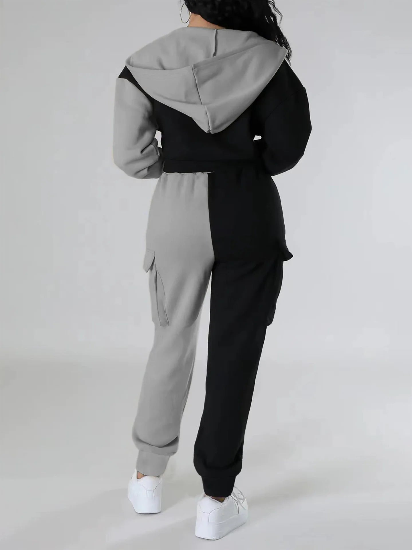 Women Loose Autumn Winter Two Pieces Suit Matching Sets Hoodie Tracksuit Blocked Zipper Short Outerwear Drawstring Cargo Pants.