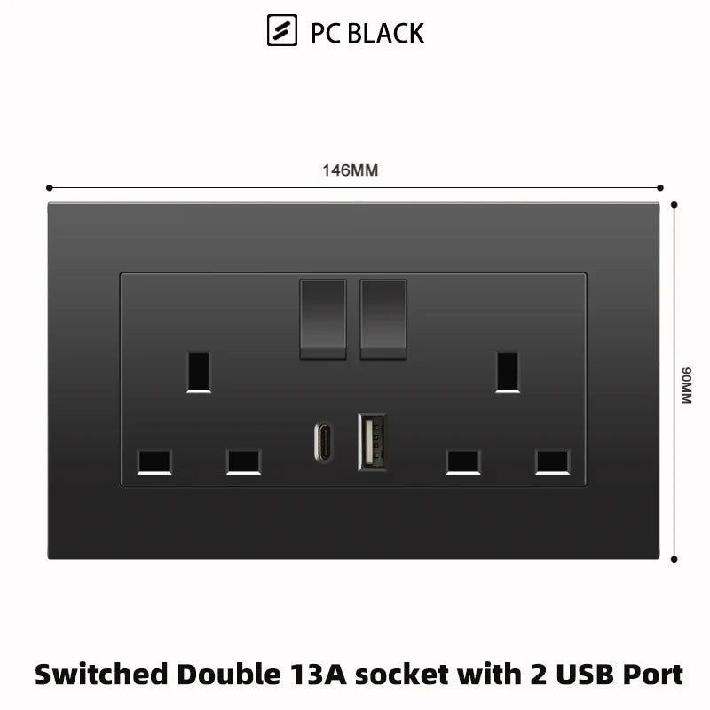 Schwarze UK 13A Wandsteckdose mit USB Typ C 18W Schnelllade-Steckdose, Wandsteckdose mit USB-Ladegerät, Schalter mit Steckdose