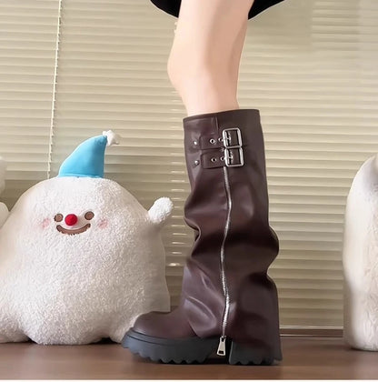 Punk Style Splicing Thick Bottom Women Knee-High Boots Fashion Zipper Female Pleated Knight Long Booties Shoes.