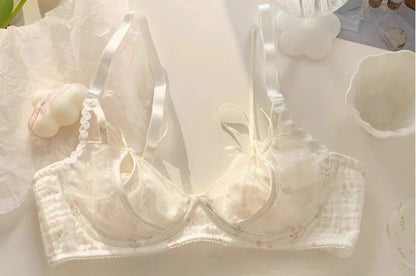 YUQI Kawaii Lace Bralette Set Japanese Floral Mesh Underwear Summer Ultra-Thin Lace-Up Cutout Romantic Bra 2024 New Kawaii set.