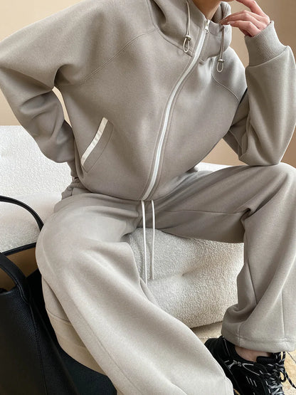 Spring and Autumn Women's Casual Solid Color Loose Hooded Sweatshirt+High Waist Loose Pants Set