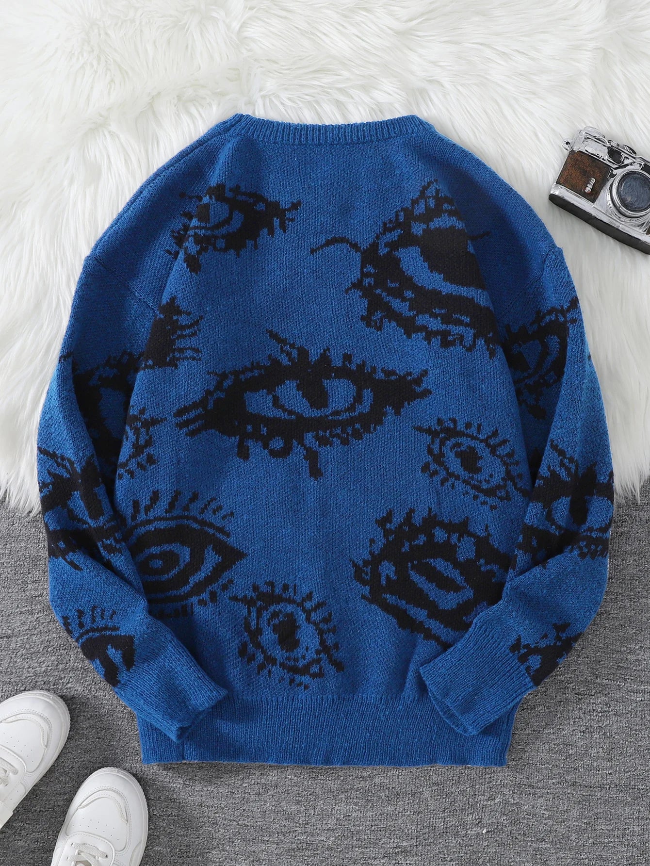 New Popular Autumn and Winter Abstract Eye Jacquard Pattern Pullover Sweater Casual Round Neck Knitted Men's Pullover.