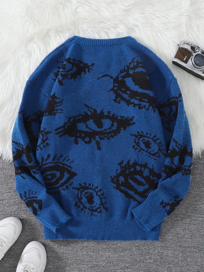 New Popular Autumn and Winter Abstract Eye Jacquard Pattern Pullover Sweater Casual Round Neck Knitted Men's Pullover.