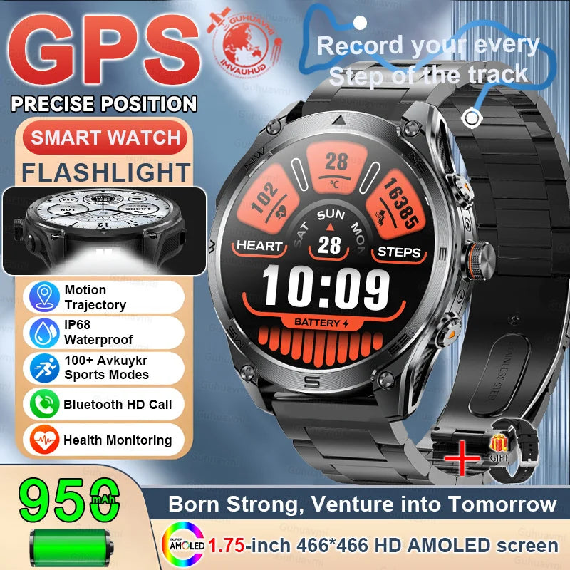 2025New GPS Sports Smart Watch  AMOLED Flashlight 950Mah Battery IP68 Waterproof Fitness Trackr BT Call Smartwatch For Men Women
