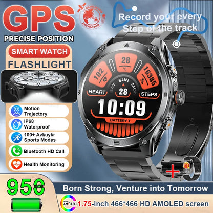 2025New GPS Sports Smart Watch  AMOLED Flashlight 950Mah Battery IP68 Waterproof Fitness Trackr BT Call Smartwatch For Men Women