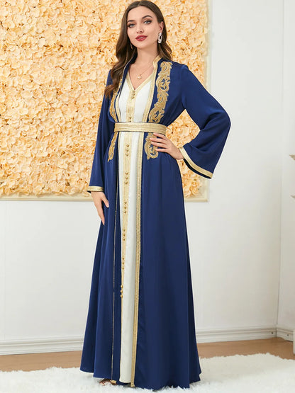 Maßgeschneiderte muslimische Sets, elegante muslimische Frauen, Sommer, langärmelig, V-Ausschnitt, Polyester, lila, 2-teiliges Kleid, Mantel, passende Sets, Muslim