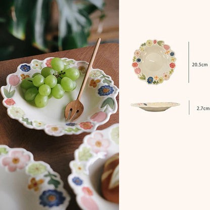 Floral Embossed Rim Soup Dessert Plate - Elegant Ceramic Appetizer Dish for Breakfast, Cafe Dining, Home Kitchen Tableware Set