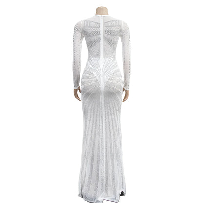 XIZOU Frauen Mesh Patchwork Diamanten Heißer Strass Bodenlangen Bodycon Meerjungfrau Maxi Kleid Sexy Party Abend Vestidos 2024