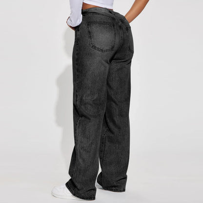 High Waist Straight Leg Women's Jeans Light Wash Casual Trousers Simple Style Cross-Border High Waist Straight Tube Jeans.