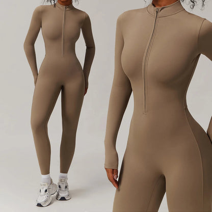 Zipper Workout Jumpsuit Sports Overalls Women Gym Clothing Running Long Sleeves Fitness Gym Tracksuit Short Sportswear Yoga Set.