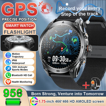 2025New GPS Sports Smart Watch  AMOLED Flashlight 950Mah Battery IP68 Waterproof Fitness Trackr BT Call Smartwatch For Men Women
