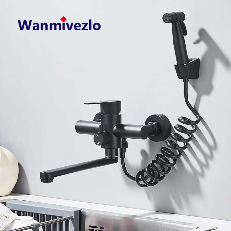 Kitchen Faucets Stainless Steel Wall Mounted Dual Hole Bathroom 360 Rotate Basin Faucet Cold Hot Water Mixer Taps With spray gun