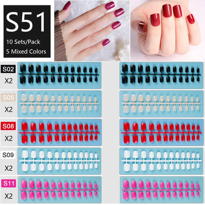 10 Sets/Pack Mixed Solid Colors Coffin Round Square Almond Shape False Nails Full Cover Nail Tips Short Fake Nails Tip Manicure
