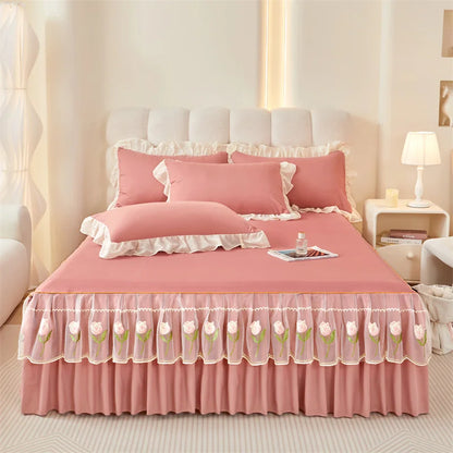 Floral Style Bed Skirt Embroidered Bed Cover Single/Queen/King Size Bed Linen Home Sheet with Skirt 침대스커트(Pillowcase Need Order).