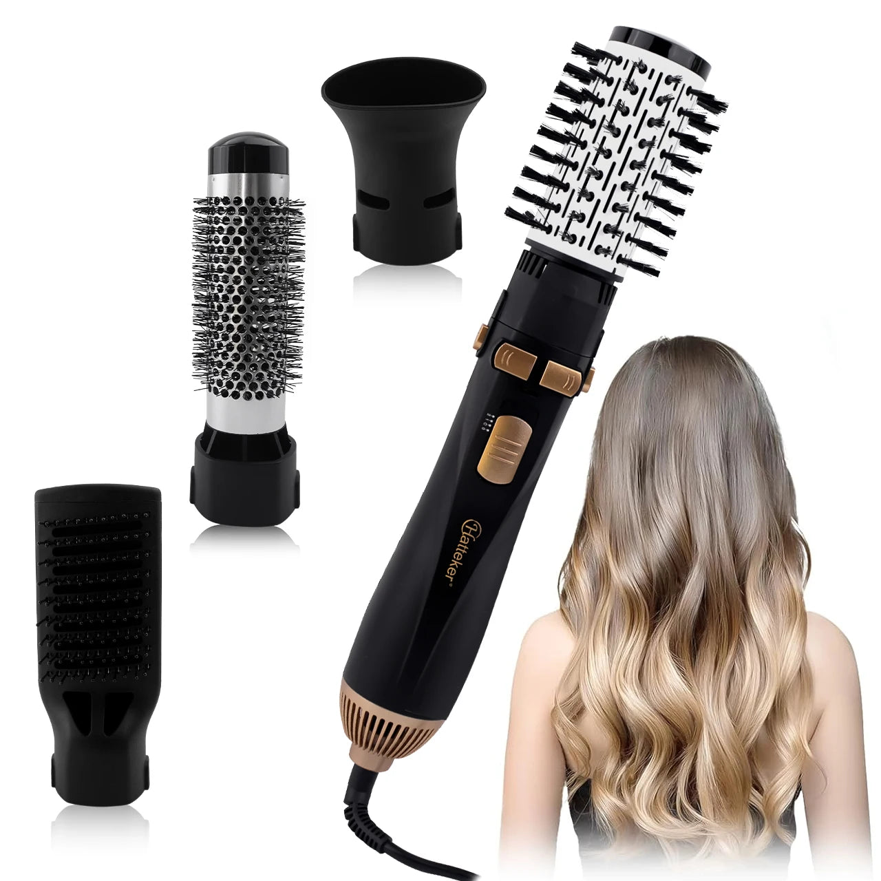 Hatteker EU 4-Head Hot Air Brush Hair Dryer Strong Wind Electric Straightener Curler Roller Comb Blower Styling Tool for Woman.