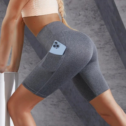 Double Pocket Sports Shorts Women Elastic Slim Shorts Gym Exercise Running High Waist Shorts Summer Yoga Casual Shorts for Women.