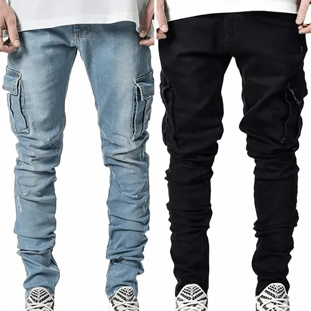 Street Elastic Jeans Men Denim Cargo Pants Wash Solid Color Multi Pockets Casual Mid Waist Trousers Slim Fit Daily Wear Joggers.
