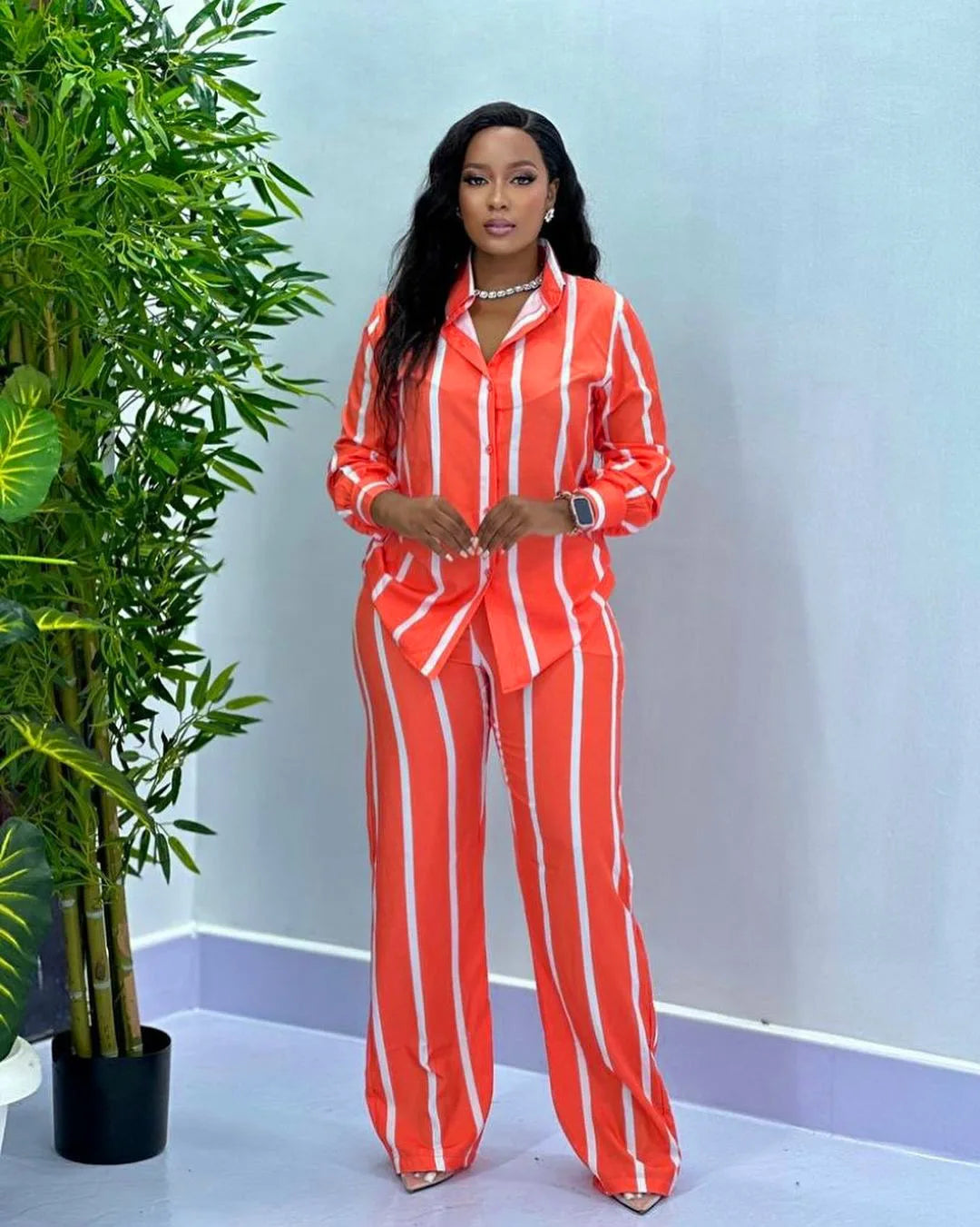 Fashion Striped Print Suit For Women Elegant Lapel Long Sleeved Shirt Elastic Waist Wide Leg Pants Two Piece Set 2024 Autumn New.