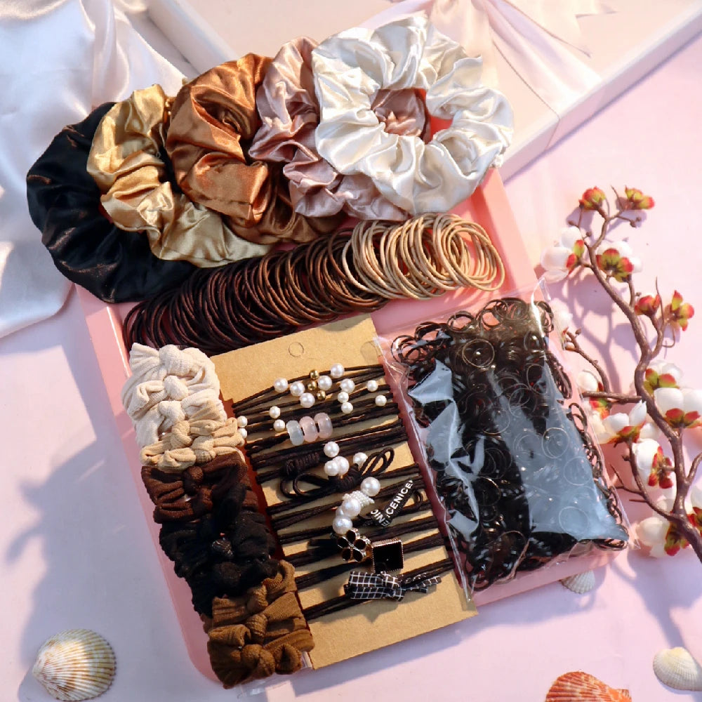 Fashionable Brown Hair Accessories Set for Women, Seamless Ponytail Holders Variety Hair Scrunchies For Women Lady.
