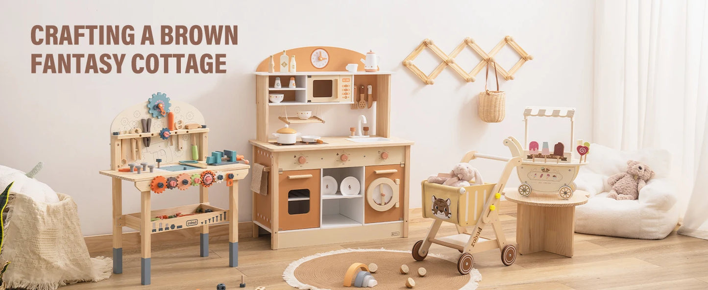Robotime Robud Wooden Kitchen for Kids Play Kitchen with Plenty of Play Features Toddler Kitchen Set Gift for Girls Boys 3+