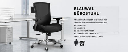 Bürostuhl 200 kg Ergonomischer Schreibtischstuhl mit 4D-Armlehnen, Bürostuhl mit Lendenwirbelstütze und 3D-verstellbarem, Wippfunkti