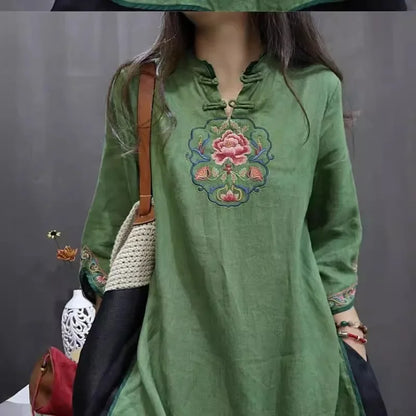 Damen-Bluse im Vintage-Stil aus Baumwolle und Leinen, mittellang, siebte Ärmel, Stickerei, ethnischer Rock mit lockerer Passform, chinesischer Stil.