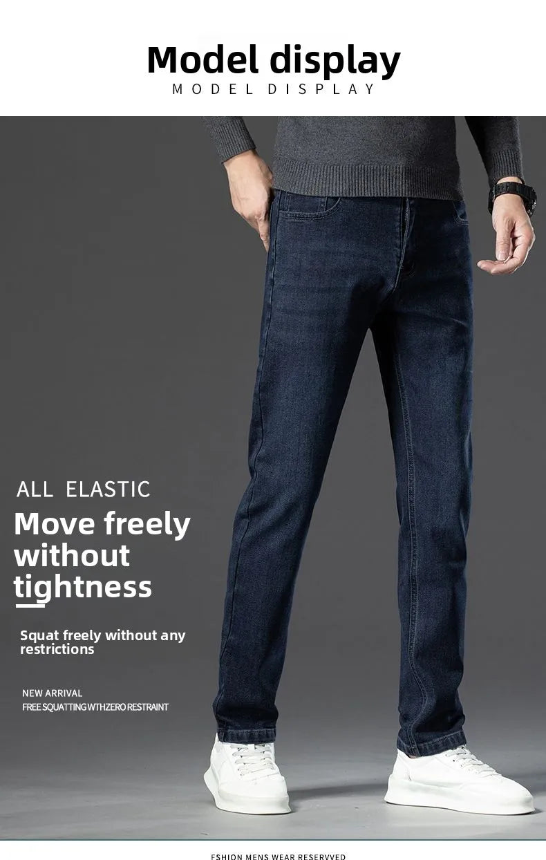Autumn New Men's Business Jeans High Elasticity Straight Denim Trousers Men's Pants Work Clothes Haze Blue Black Gray Brand.