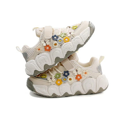 Girls Flowers Sports Shoes Children Princess Embroidered Running Shoes Air Mesh Girls Casual Sneakers Summer 2025 New.