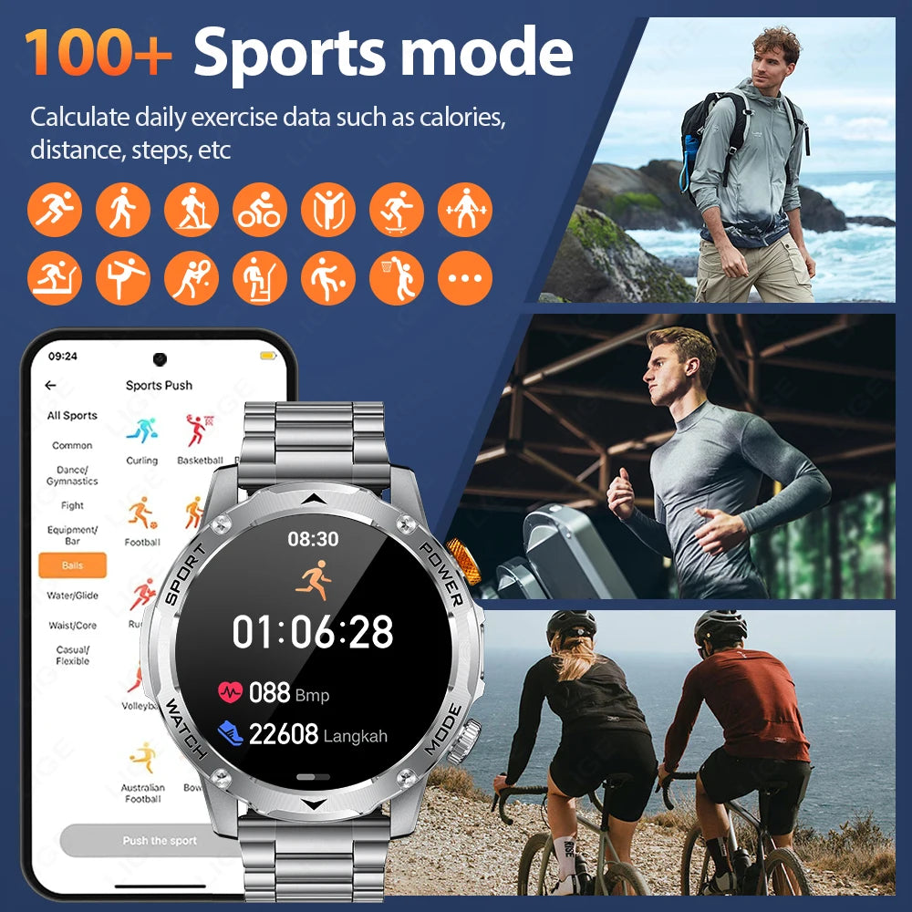 LIGE 2025 New 1000mah Smart Watch Men AMOLED HD Display Sport Fitness LED Flashlight Bluetooth Call Smartwatch For HUAWEI XIAOMI.