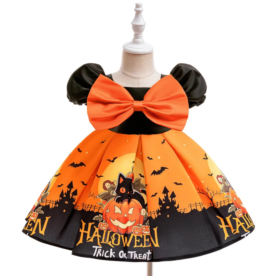 Kleinkind Halloween Kostüm Mädchen Cosplay Hexe Kürbis Skelett Druck Bowknot Kleid Kinder Festival Party Performance Kleidung.