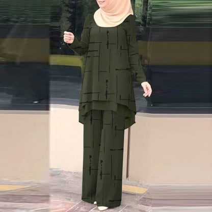 Vintage Stylish Muslim Suit 2PCS Long Sleeve Blouse Pant Sets Islamic Clothing Female Casual Floral Printed Matching Sets.