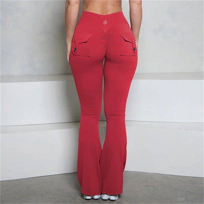 Allure The Brand Pocket Flare Scrunch Butt Pants ATB Women Tight-Fit Sexy Slim High Waist Pants Push Up Fitness Flare Leggings