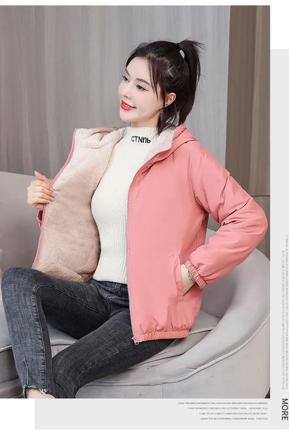 Women's Fleece Coat Winter Warm Thicken Solid Windbreaker Hooded Cotton Plush Hooded Jackets Casual Outdoor Windproof Jacket.