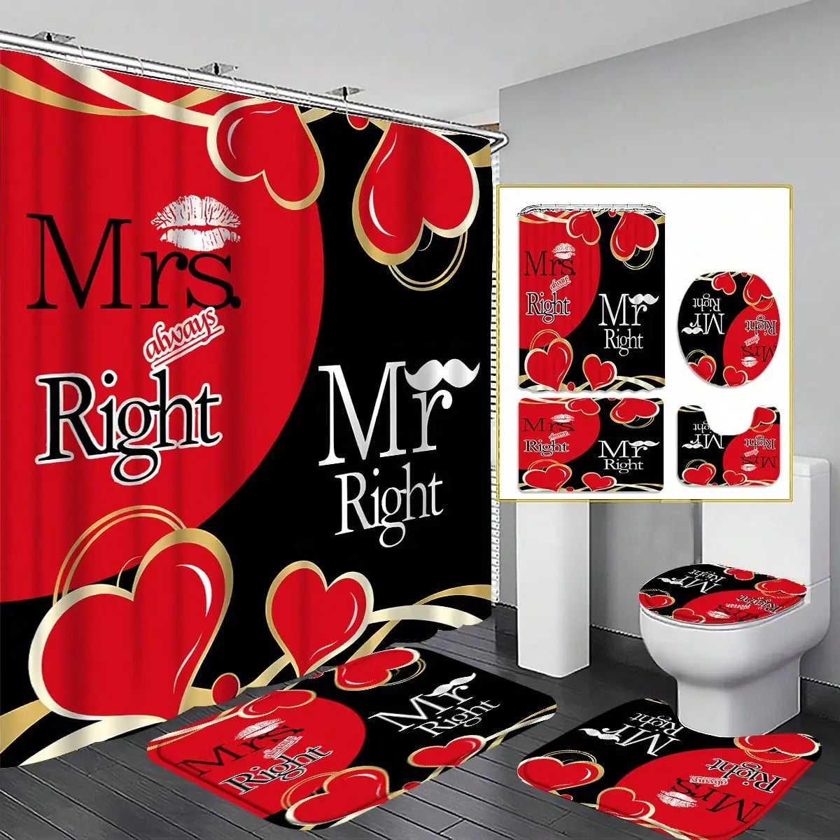 4-teiliges Badezimmer-Set, wasserdichter Stoff-Duschvorhang im Palast-Stil mit 12 Haken, rutschfeste Badezimmermatte, U-förmige Toilettendeckelabdeckung